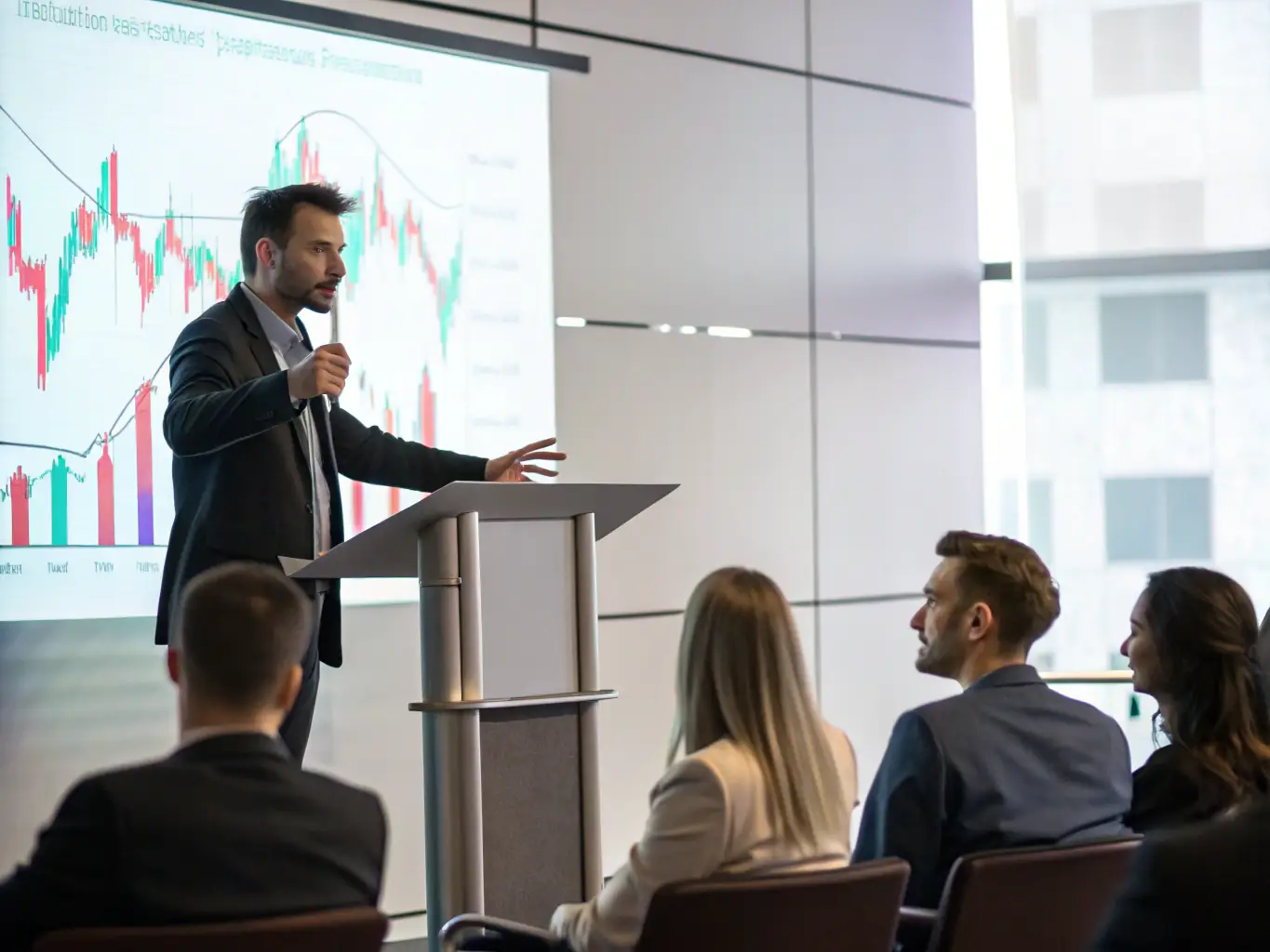 A dynamic image of a keynote speaker presenting on stage at a fintech conference, highlighting the educational and informative aspects of the event.