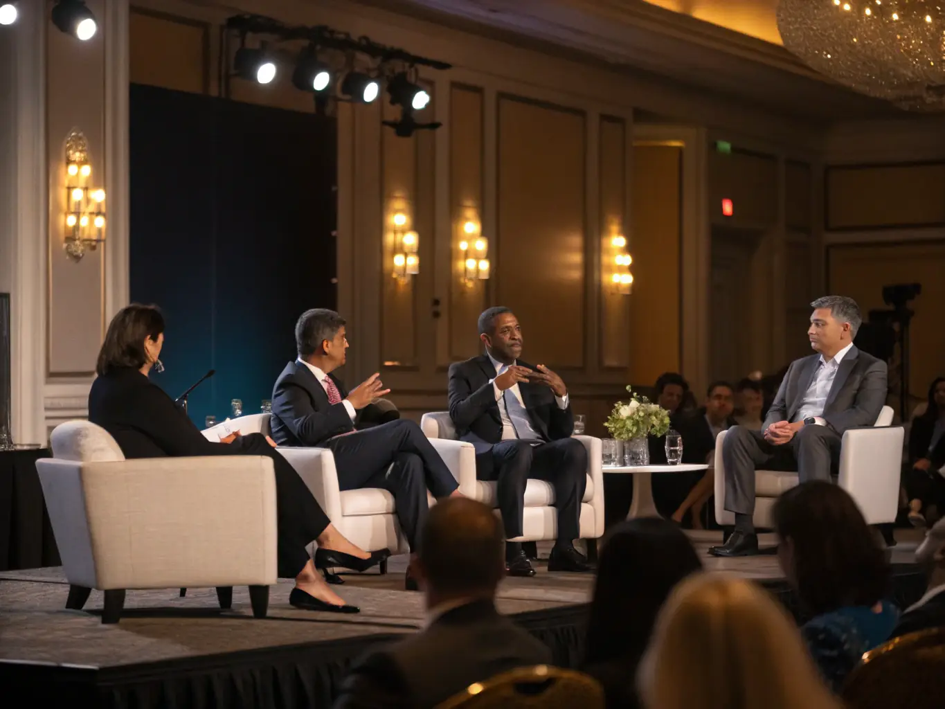 A vibrant image depicting a modern conference hall filled with attendees engaged in a panel discussion about digital finance, showcasing the energy and collaborative atmosphere of a fintech event.